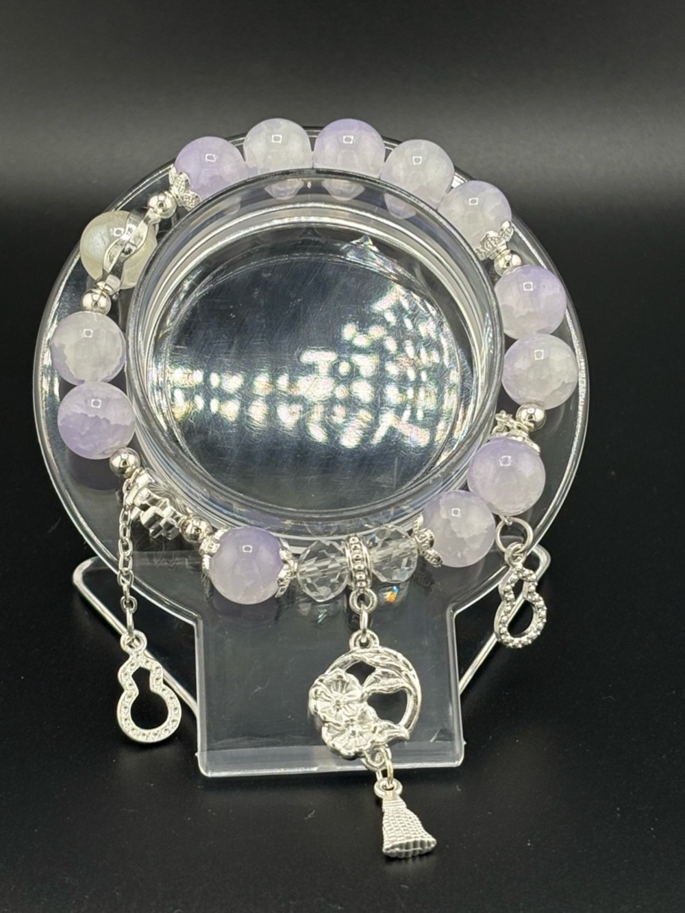 Lavender Bead Charm Bracelet with Silver Accents - Women Jewelry